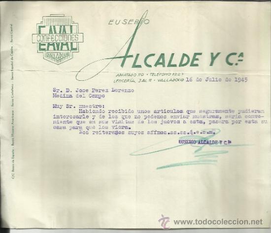 Cartas comerciais: CARTA COMERCIAL DE ALCALDE Y C&ordf;. CONFECCIONES CAVAL. VALLADOLID. 1945