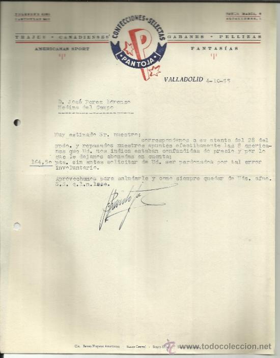 Cartas comerciais: CARTA COMERCIAL DE PANTOJA. CONFECCIONES SELECTAS. VALLADOLID. 1955
