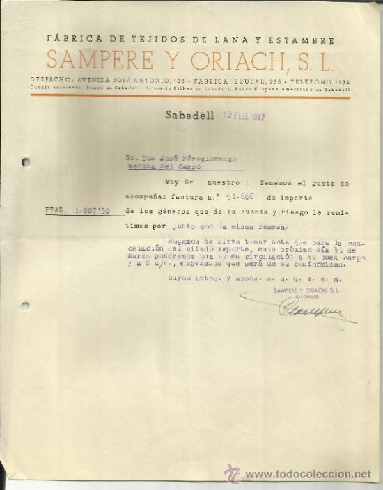 Cartas comerciais: CARTA COMERCIAL DE SAMPERE Y ORIACH, S.L. F&Aacute;BRICA DE TEJIDOS Y ESTAMBRE. SABADELL. BARCELONA. 1947