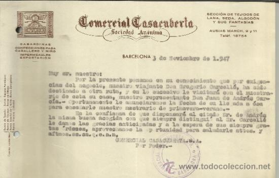 Cartas comerciais: CARTA COMERCIAL DE COMERCIAL CASACUBERTA SOCIEDAD AN&Oacute;NIMA. BARCELONA. 1947