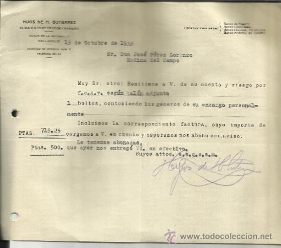 Cartas comerciais: CARTA COMERCIAL DE HIJOS DE H. GUTI&Eacute;RREZ. ALMACENES DE TEJIDOS Y PA&Ntilde;ER&Iacute;A. VALLADOLID. 1933