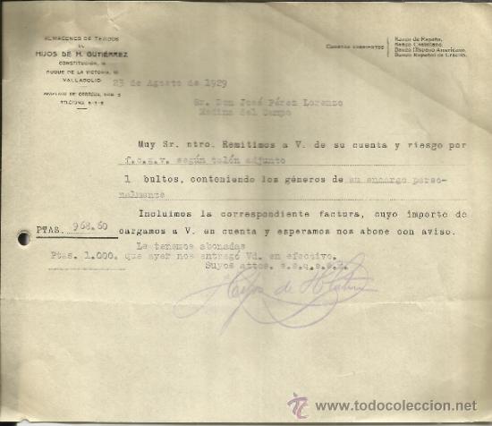 Cartas comerciais: CARTA COMERCIAL DE HIJOS DE H. GUTI&Eacute;RREZ. ALMACENES DE TEJIDOS Y PA&Ntilde;ER&Iacute;A. VALLADOLID. 1929