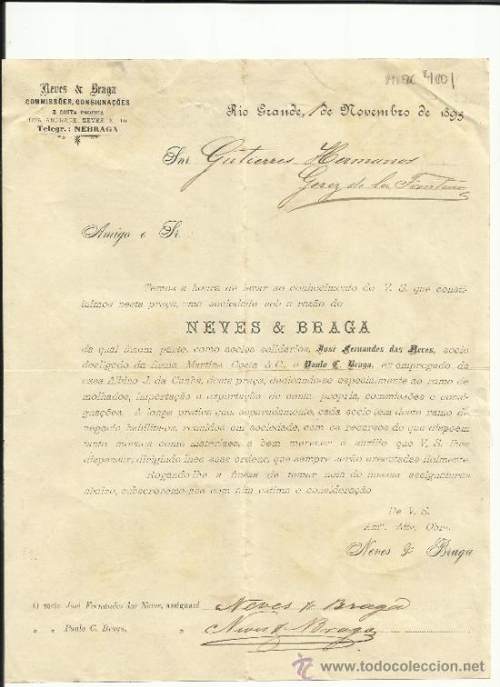 Cartas comerciais: CIRCULAR DE NEVES & BRAGA. COMISIONES Y REPRESENTACIONES. R&Iacute;O GRANDE. BRASIL. 1895