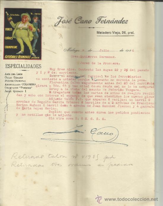 Cartas comerciais: CARTA COMERCIAL DE JOS&Eacute; CANO FERN&Aacute;NDEZ. AN&Iacute;S DEL LE&Oacute;N. CO&Ntilde;AC G&Eacute;NESIS. .M&Aacute;LAGA. 1926