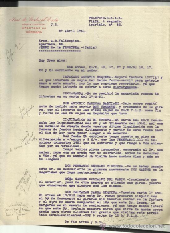 Cartas comerciais: CARTA COMERCIAL DE JOS&Eacute; DE GABRIEL COSTA. AGENTE COMERCIAL. C&Oacute;RDOBA. 1951