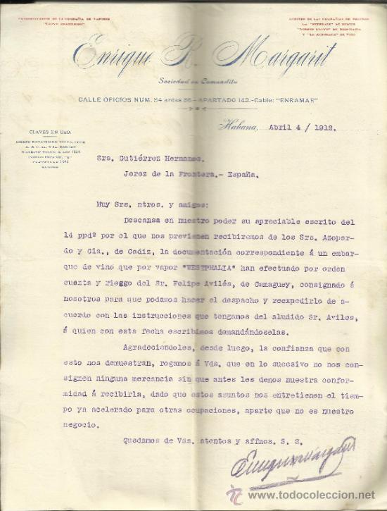 Cartas comerciais: CARTA COMERCIAL DE ENRIQUE R. MARGARIT. HABANA. CUBA. 1912