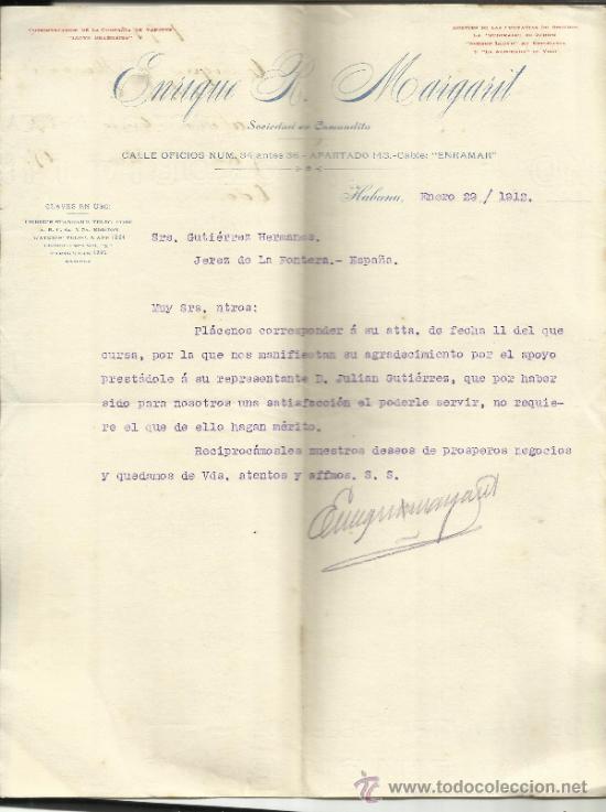 Cartas comerciais: CARTA COMERCIAL DE ENRIQUE R. MARGARIT. HABANA. CUBA. 1912