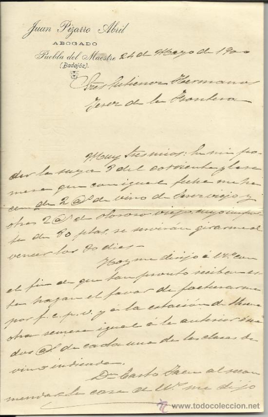 Cartas comerciais: CARTA COMERCIAL DE JUAN PIZARRO ABRIL. ABOGADO. PUEBLA DEL MAESTRE. BADAJOZ. 1900