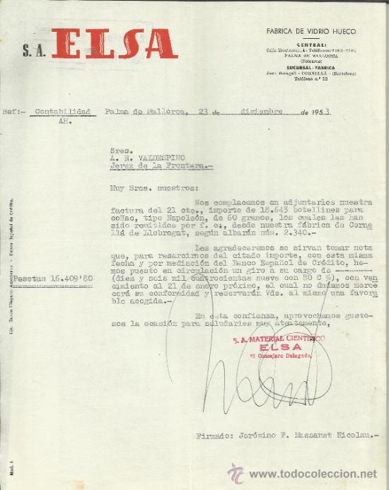 Cartas comerciais: FACTURA DE ELSA S.A. F&Aacute;BRICA DE VIDRIO HUECO. PALMA DE MALLORCA. 1953