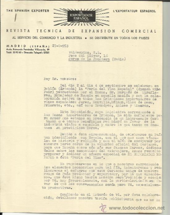Cartas comerciais: CARTA COMERCIAL DE EL EXPORTADOR ESPA&Ntilde;OL. REVISTA T&Eacute;CNICA DE EXPANSI&Oacute;N COMERCIAL. MADRID. 1953