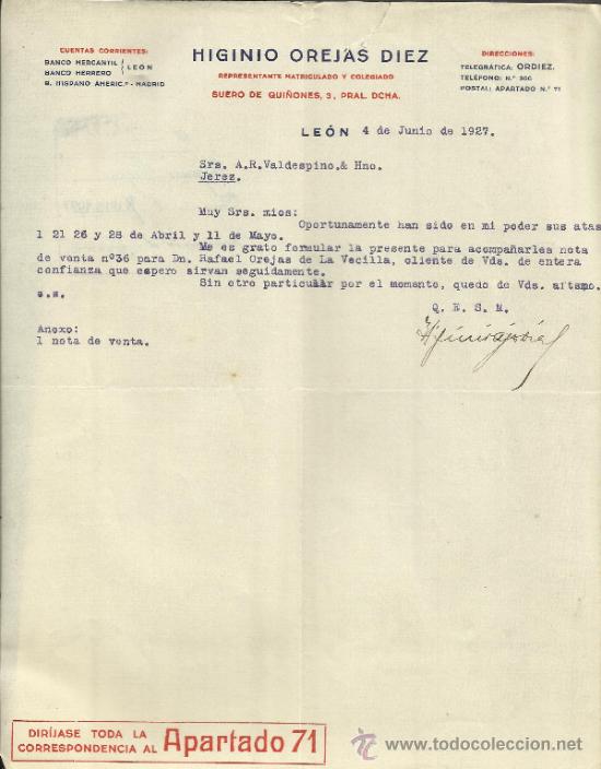 Cartas comerciais: CARTA COMERCIAL DE HIGINIO OREJAS DIEZ. REPRESENTANTE. LE&Oacute;N. 1927
