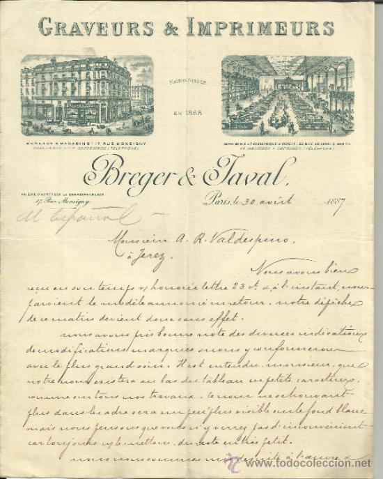 Cartas comerciais: CARTA COMERCIAL DE BREGER & JAVAL. GRABADOS E IMPRESIONES. PAR&Iacute;S. FRANCIA. 1889