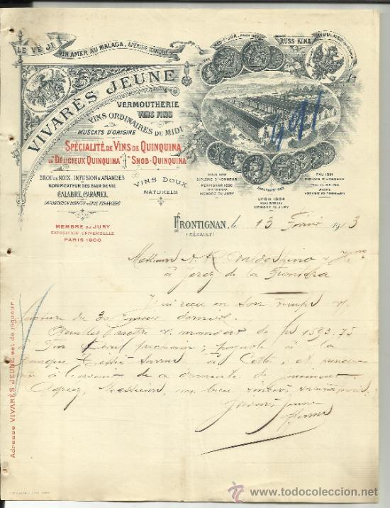 Cartas comerciais: CARTA COMERCIAL VIVAR&Eacute;S JEUNE. FRONTIGNAN. H&Eacute;RAULT. FRANCIA. 1913