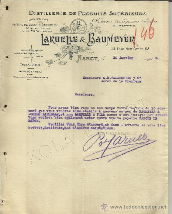 Cartas comerciais: CARTA COMERCIAL DE LARUELLE & BAUMEYER. DESTILER&Iacute;A. NANCY. FRANCIA. 1913