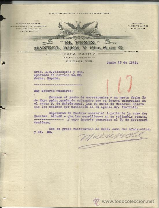 Cartas comerciais: CARTA COMERCIAL DE MANUEL DIEZ Y C&ordf;. EL F&Eacute;NIX. ORIZABA. M&Eacute;XICO. 1925