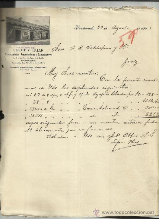 Cartas comerciais: CARTA COMERCIAL DE SUCESORES DE URIBE Y LUJAN. ALMACENISTAS. GUATEMALA. GUATEMALA. 1913