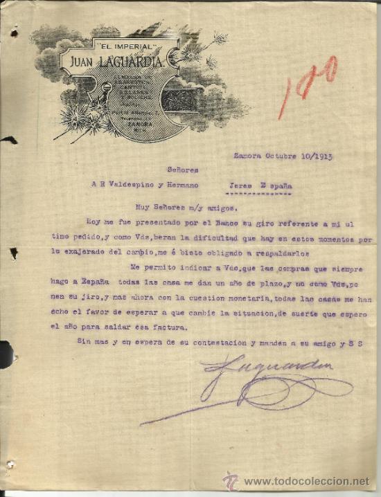 Cartas comerciais: CARTA COMERCIAL DE JUAN LAGUARDIA. EL IMPERIAL. 1913