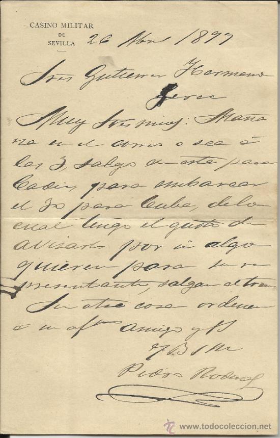 Cartas comerciais: CARTA COMERCIAL DE PEDRO RODENAS DESDE EL CASINO MILITAR DE SEVILLA. SEVILLA. 1899
