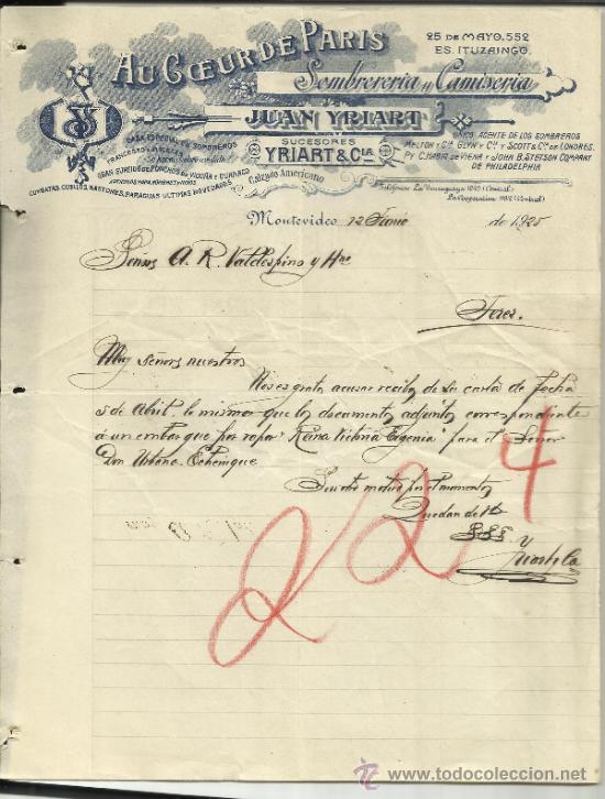Cartas comerciais: CARTA COMERCIAL DE JUAN YRIART. SUCESORES DE YRIART & C&ordf;. MONTEVIDEO. URUGUAY. 1925