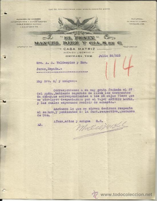 Cartas comerciais: CARTA COMERCIAL DE MANUEL DIEZ Y C&ordf;. EL F&Eacute;NIX. ORIZABA. M&Eacute;XICO. 1925