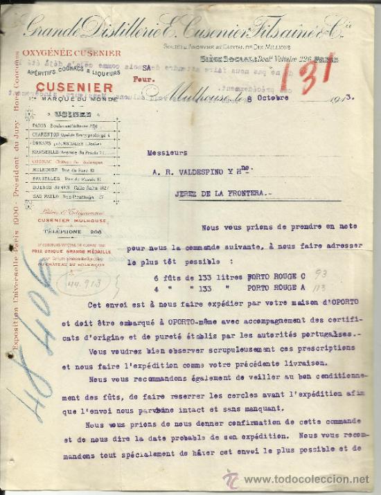 Cartas comerciais: CARTA COMERCIAL DE E. CUSENIER FILSAIN&Eacute; & C&ordf;. GRAN DESTILERIA. MULAHOUSE. FRANCIA. 1913