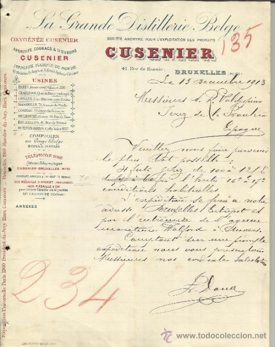 Lettere commerciali: CARTA COMERCIAL DE CUSENIER. LA GRANDE DISTILLERIE BELGE. BRUSELAS. B&Eacute;LGICA. 1913