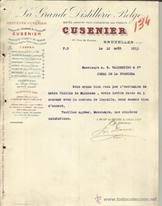 Lettere commerciali: CARTA COMERCIAL DE CUSENIER. LA GRANDE DISTILLERIE BELGE. BRUSELAS. B&Eacute;LGICA. 1913