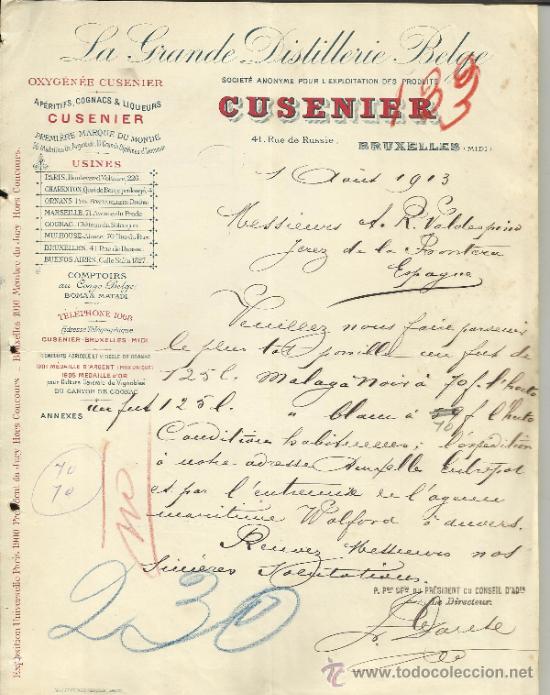 Lettere commerciali: CARTA COMERCIAL DE CUSENIER. LA GRANDE DISTILLERIE BELGE. BRUSELAS. B&Eacute;LGICA. 1913