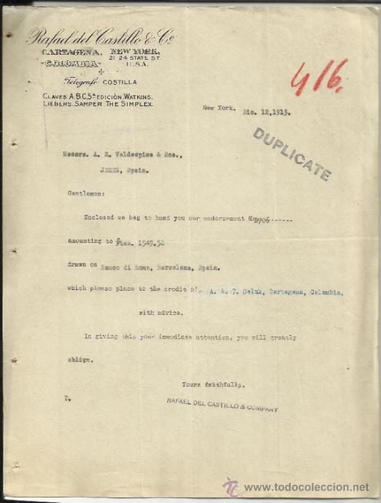 Lettere commerciali: CARTA COMERCIAL DE RAFAEL DEL CASTILLO & C&ordf;. NEW YORK. EEUU. 1913