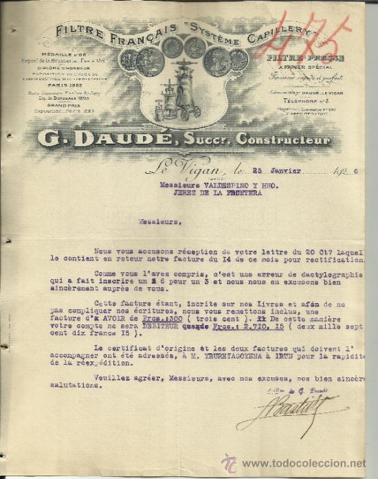 Lettere commerciali: CARTA COMERCIAL DE G. DAUD&Eacute; SUCESOR. CONSTRUCTOR. LE VIGAN. GARD. FRANCIA. 1926