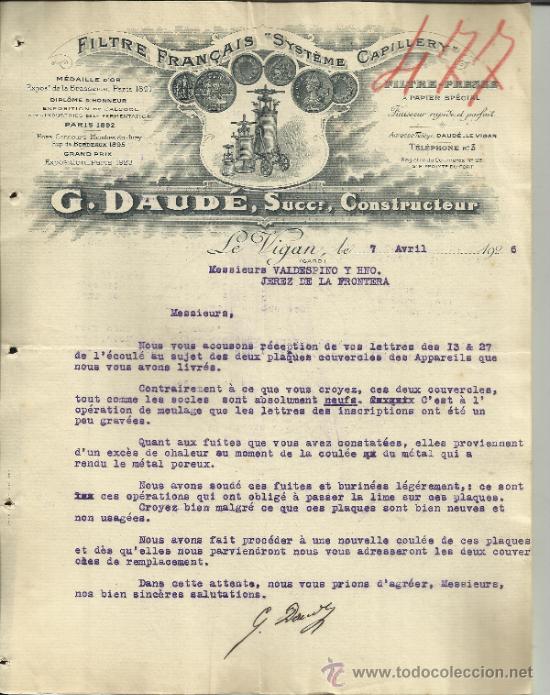 Lettere commerciali: CARTA COMERCIAL DE G. DAUD&Eacute; SUCESOR. CONSTRUCTOR. LE VIGAN. GARD. FRANCIA. 1926