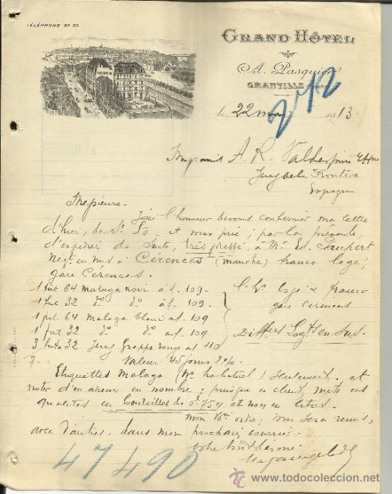 Lettere commerciali: CARTA COMERCIAL DE A. PASQUIER. GRAND HOTEL. GRANVILLE. MANCHE. FRANCIA. 1913