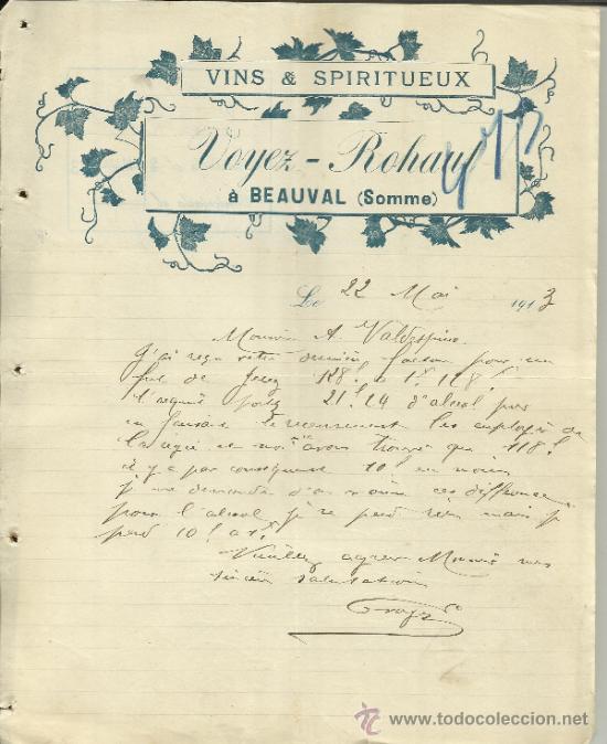 Lettere commerciali: CARTA COMERCIAL DE VOYEZ ROHAUT. BEAUVAL. SOMME. FRANCIA. 1913