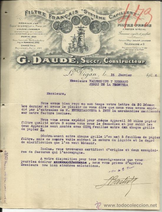 Lettere commerciali: CARTA COMERCIAL DE G. DAUD&Eacute; SUCESORES. CONSTRUCTOR. LE VIGAN. GARD. FRANCIA. 1926