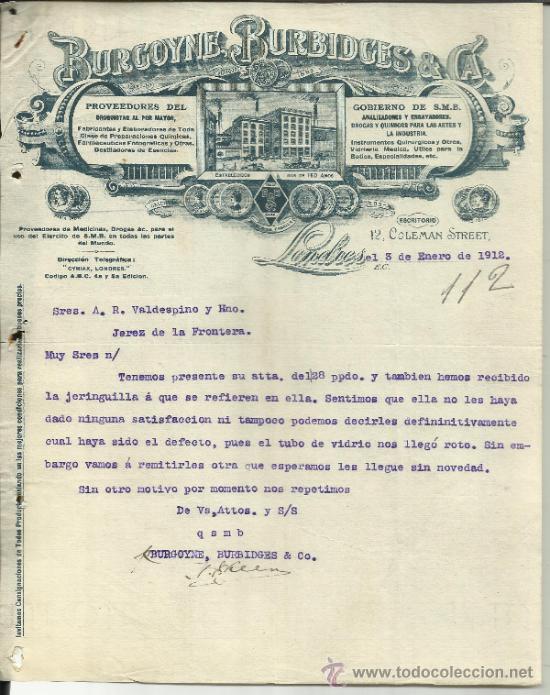 Lettere commerciali: CARTA COMERCIAL DE BURGOYNE, BURBIDGES & C&ordf;. LONDRES. GB. 1912