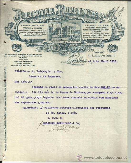 Lettere commerciali: CARTA COMERCIAL DE BURGOYNE, BURBIDGES & C&ordf;. LONDRES. GB. 1912