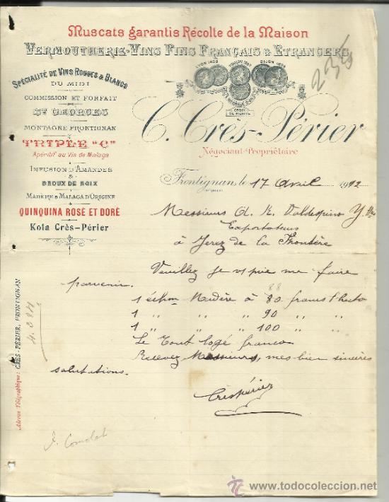Lettere commerciali: CARTA COMERCIAL DE C. CRES-P&Eacute;RIER. FRONTIGNAN. H&Eacute;RAULT. FRANCIA. 1912