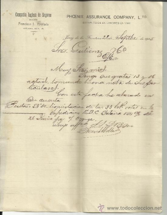 Lettere commerciali: CARTA COMERCIAL DE PHOENIX COMPA&Ntilde;IA DE SEGUROS. AGENTE FRANCISCO L. ABOLLADO. JEREZ. C&Aacute;DIZ. 1915