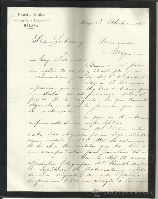 Lettere commerciali: CARTA COMERCIAL DE FAUSTO MU&Ntilde;OZ. TIPOGRAF&Iacute;A Y LITOGRAF&Iacute;A. M&Aacute;LAGA. 1888