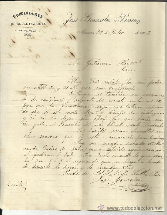 Lettere commerciali: CARTA COMERCIAL DE JOS&Eacute; GONZ&Aacute;LEZ PONCE. COMISIONES. ALMER&Iacute;A. 1903