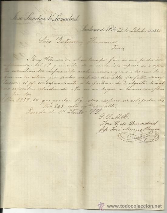 Lettere commerciali: CARTA COMERCIAL DE JOS&Eacute; S&Aacute;NCHEZ DE LAMADRID. SANLUCAR DE BARRAMEDA. C&Aacute;DIZ. 1884