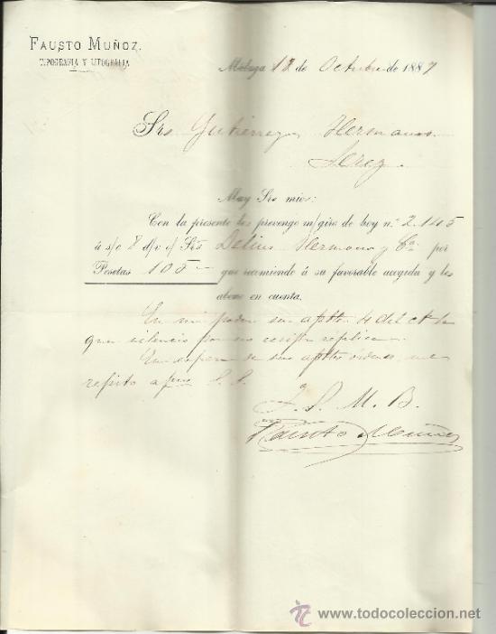 Lettere commerciali: CARTA COMERCIAL DE FAUSTO MU&Ntilde;OZ. TIPOGRAF&Iacute;A Y LITOGRAF&Iacute;A. M&Aacute;LAGA. 1887