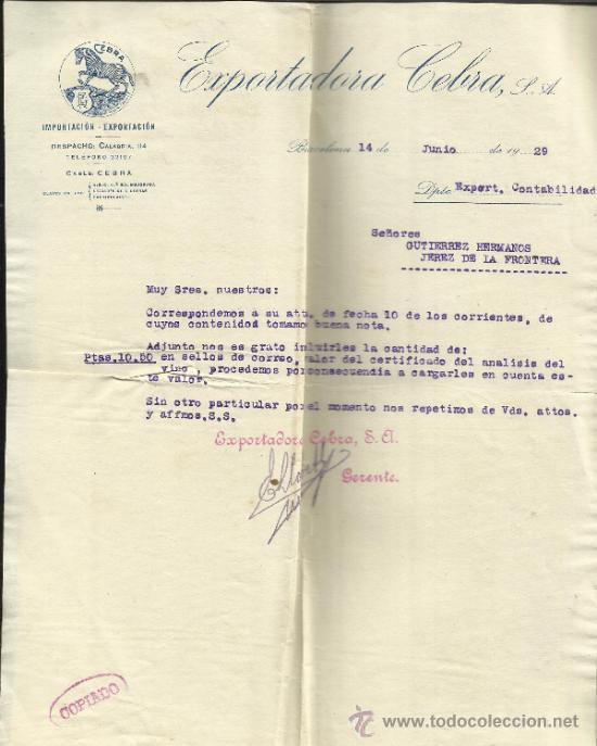 Lettere commerciali: CARTA COMERCIAL DE EXPORTADORA CEBRA, S.A. IMPORTACI&Oacute;N Y EXPORTACI&Oacute;N. 1929