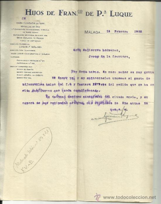 Lettere commerciali: CARTA COMERCIAL DE HIJOS DE FRANCISCO DE P&ordf; LUQUE. M&Aacute;LAGA. 1928