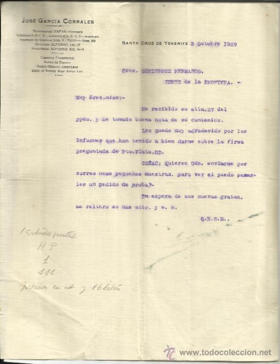 Cartas comerciais: CARTA COMERCIAL DE JOS&Eacute; G&Aacute;RC&Iacute;A CORRALES. SANTA CRUZ DE TENERIFE. 1929