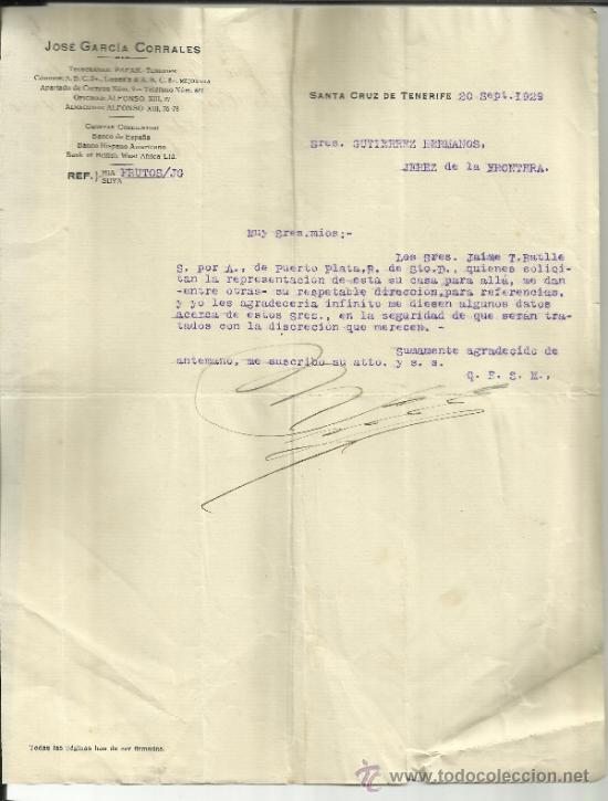 Cartas comerciais: CARTA COMERCIAL DE JOS&Eacute; G&Aacute;RC&Iacute;A CORRALES. SANTA CRUZ DE TENERIFE. 1929