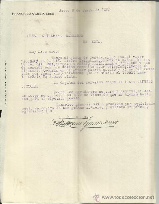 Cartas comerciais: CARTA COMERCIAL DE FRANCISCO GARC&Iacute;A-MIER. JEREZ DE LA FRONTERA. C&Aacute;DIZ. 1928