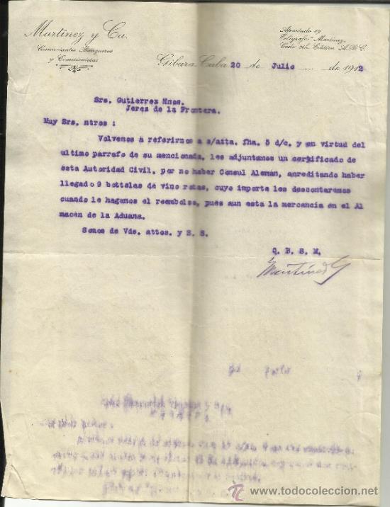 Cartas comerciais: CARTA COMERCIAL DE MART&Iacute;NEZ Y C&ordf;. COMERCIANTES BANQUEROS. GIBARA. CUBA. 1912