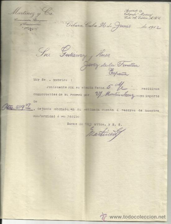 Cartas comerciais: CARTA COMERCIAL DE MART&Iacute;NEZ Y C&ordf;. COMERCIANTES BANQUEROS. GIBARA. CUBA. 1912