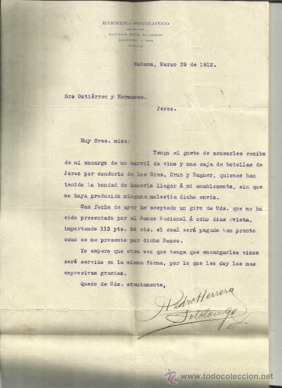 Cartas comerciais: CARTA COMERCIAL DE HERRERA-SOTOLONGO. ABOGADO. HABANA. CUBA. 1912